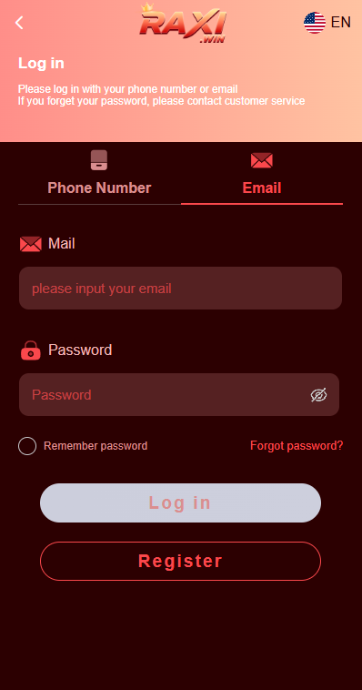 RaxiWin Email Login Screen